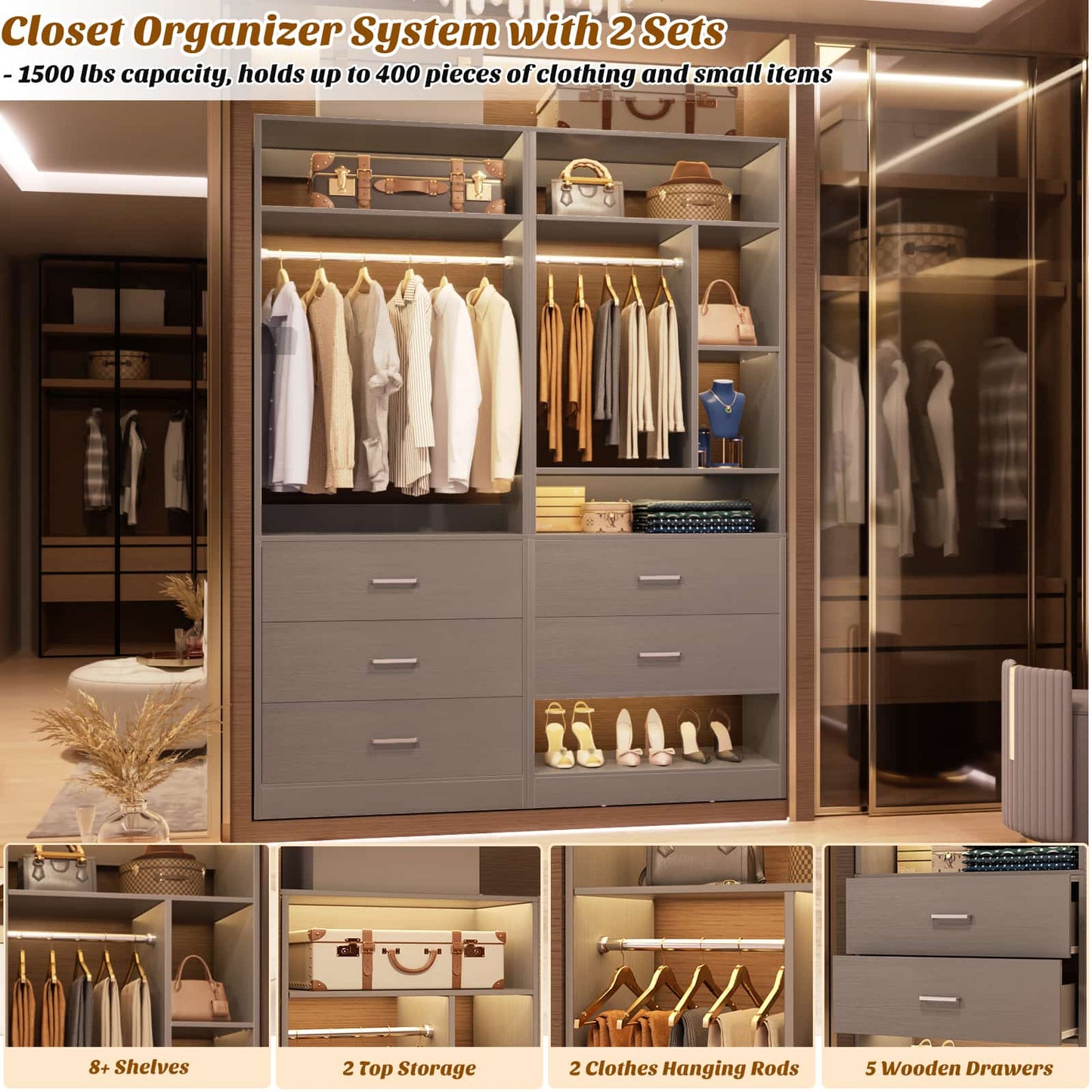 63.2" L X 39.2" W X 80" H Corner Closet System,Freestanding Closet Organizer System With 2 Drawers & 12 Shelves