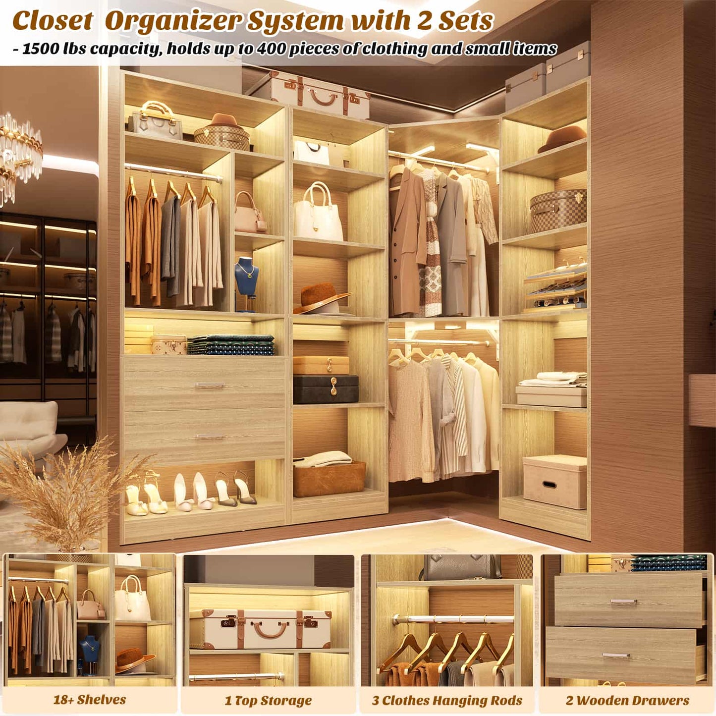 Closet System Closet Organizer, Wood Closet Organizer System,Walk-in Closet or Small Closets Wardrobe, Clothes Rack with Hanging Rods