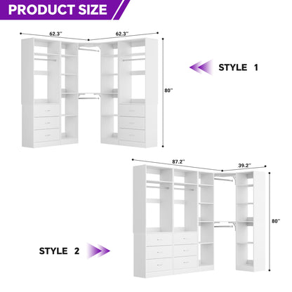 87.2" Freestanding Closet Organizer System - Modular L-Shaped Design,Reversible, 6 Drawers & 4 Hanging Rods, 2000+ LBS Capacity,3 Sets