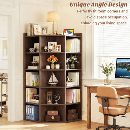 6-Tier Corner Cabinet with Power Outlets & 15 Cubes - Wooden L-Shaped Bookshelf, Toy Storage for Home Office, Bedroom, Living Room