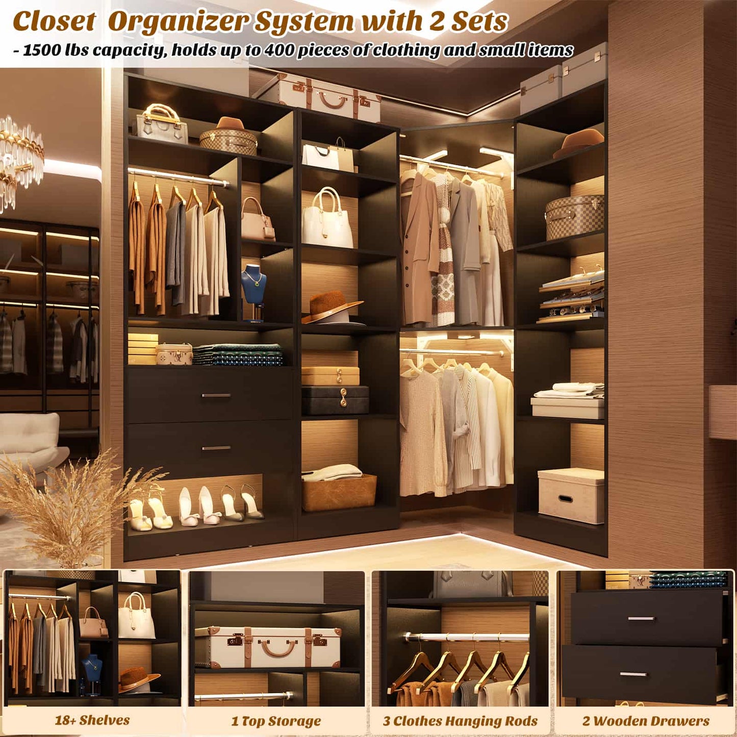 Closet System Closet Organizer, Wood Closet Organizer System,Walk-in Closet or Small Closets Wardrobe, Clothes Rack with Hanging Rods