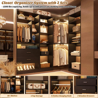 Closet System Closet Organizer, Wood Closet Organizer System,Walk-in Closet or Small Closets Wardrobe, Clothes Rack with Hanging Rods