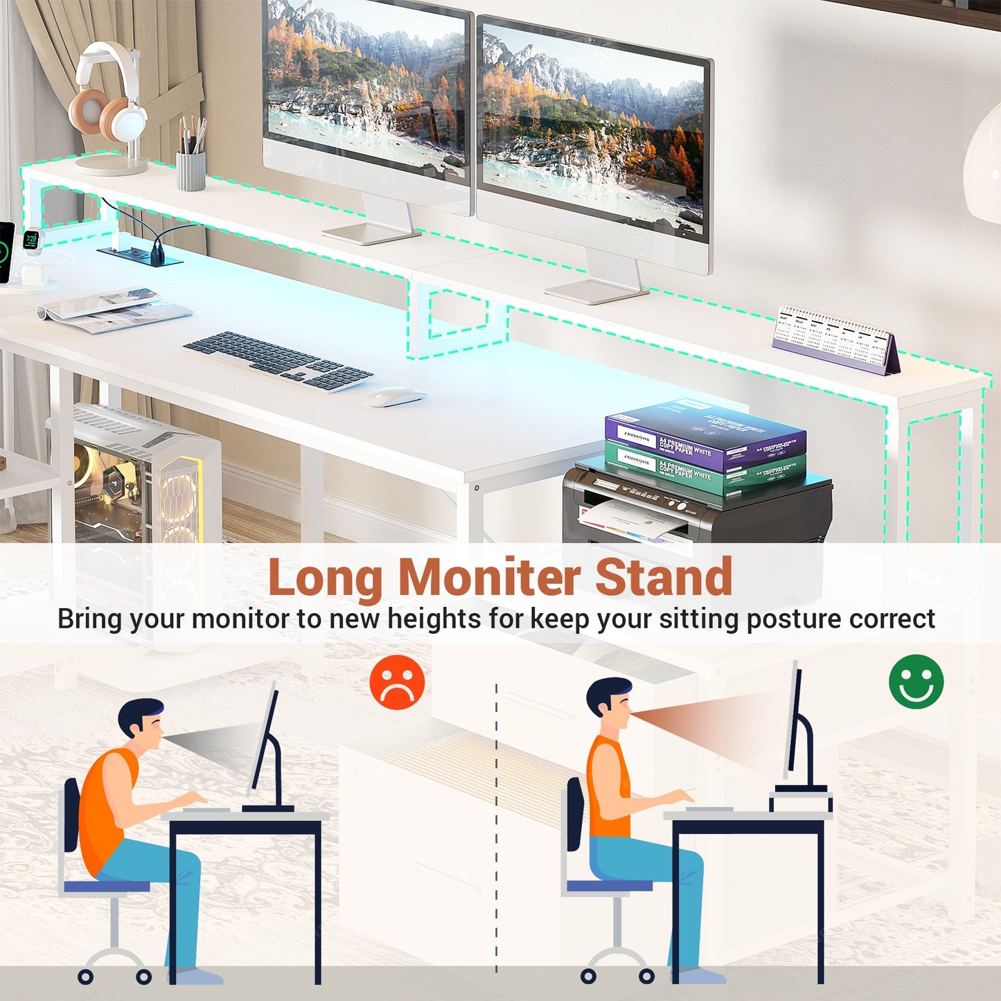 L Shaped Desk with File Drawer, 72.8" Reversible L Shaped Computer Desk with Power Outlet & LED Strip