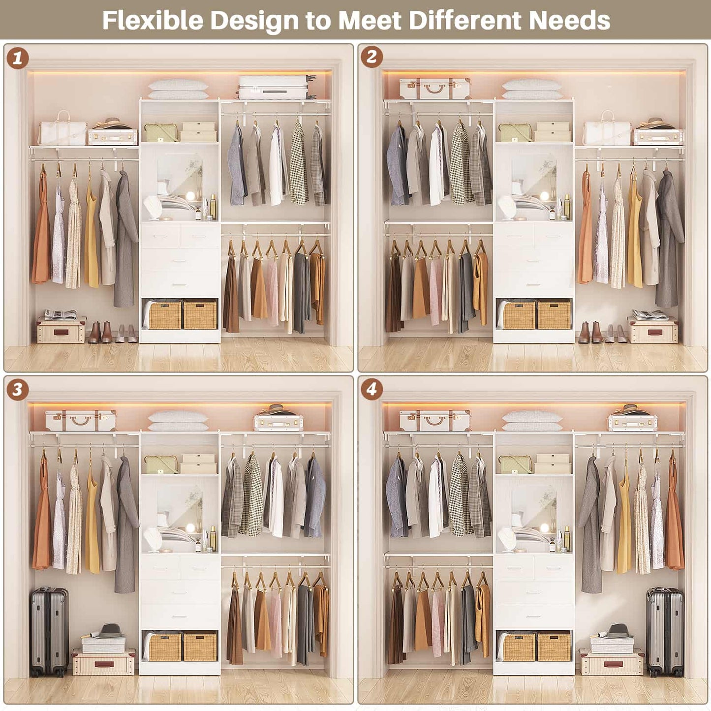 8FT Walk in Closet Organizer with 3 Hanging rods and Shelves