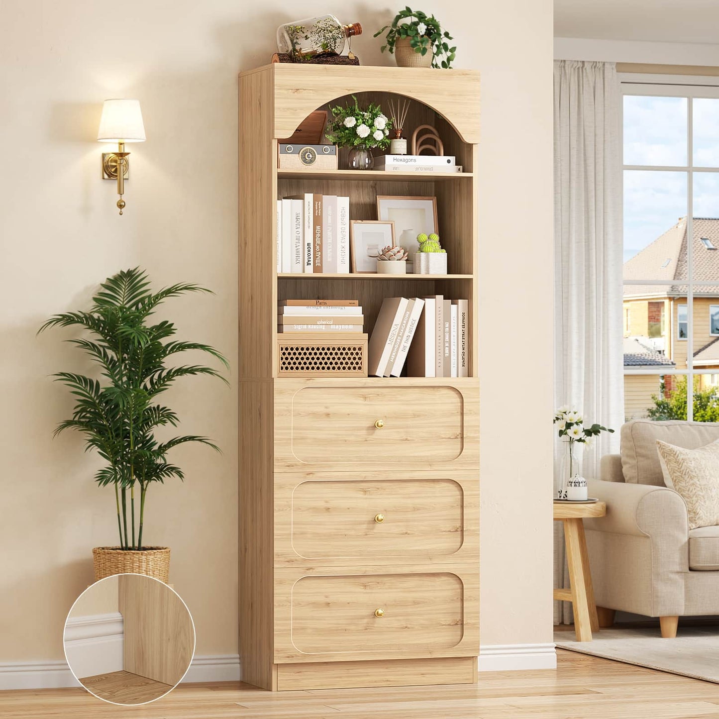 80" Tall Arched Bookcase with 3 Drawers & 3 Open Shelves - Wooden Storage Cabinet for Living Room, Kitchen