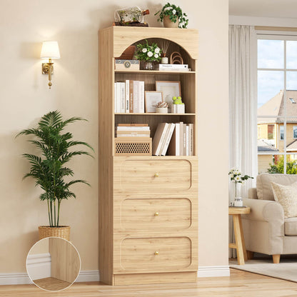 80" Tall Arched Bookcase with 3 Drawers & 3 Open Shelves - Wooden Storage Cabinet for Living Room, Kitchen