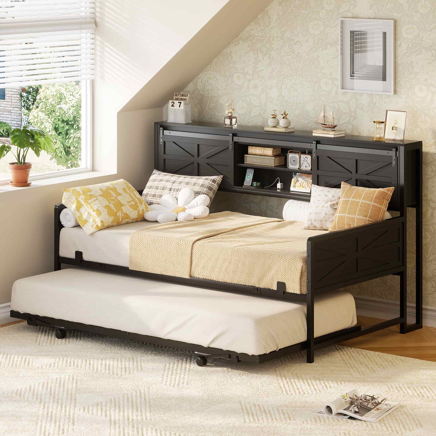 Twin Size Daybed with Trundle, Daybed with Charging Station & Storage Headboard, Heavy Duty Metal Sofa Bed Frame with Pop-up Trundle