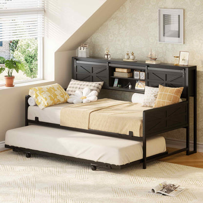Twin Size Daybed with Trundle, Daybed with Charging Station & Storage Headboard, Heavy Duty Metal Sofa Bed Frame with Pop-up Trundle