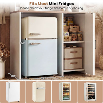 3-in-1 Mini Fridge Cabinet & Coffee Bar Station - with Power Outlet, LED Light, Microwave Shelf & Wine Storage