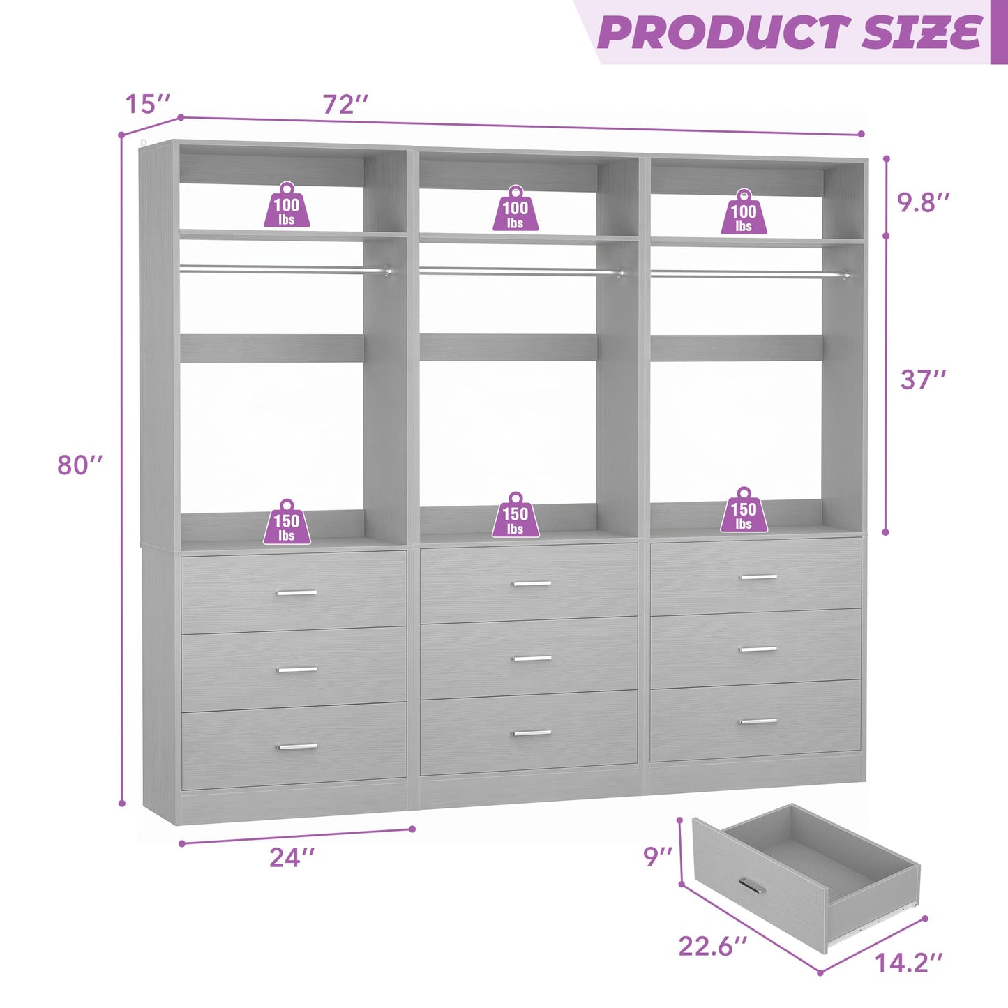 Freestanding Closet System Set - 3-Pack with 3 Wood Drawers Each,With Hanging Rod & Shelves, 24"L x 15"W x 80"H
