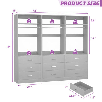 Freestanding Closet System Set - 3-Pack with 3 Wood Drawers Each,With Hanging Rod & Shelves, 24"L x 15"W x 80"H