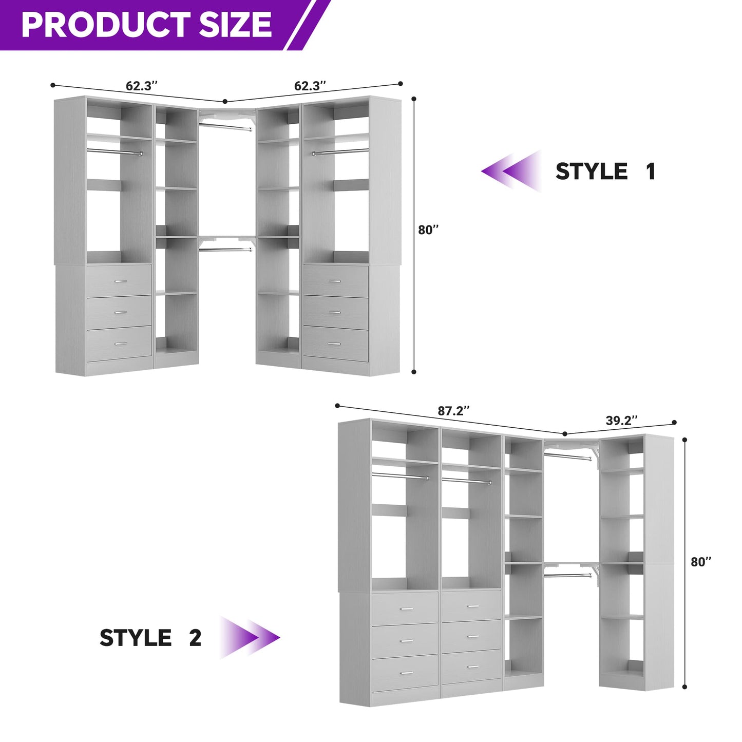 87.2" Freestanding Closet Organizer System - Modular L-Shaped Design,Reversible, 6 Drawers & 4 Hanging Rods, 2000+ LBS Capacity,3 Sets
