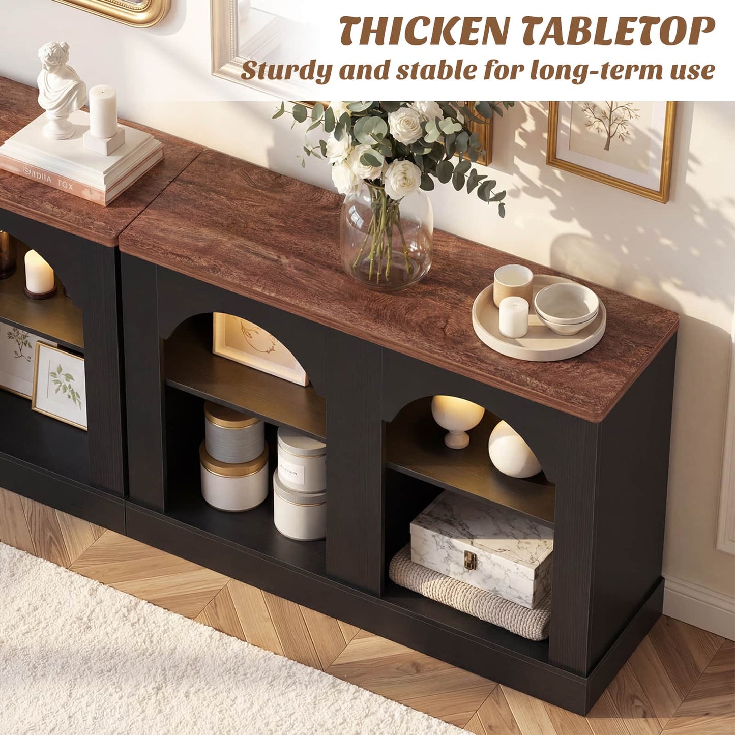 94" Natural Oak Arched Console Table with LED Lights & Adjustable Shelves - Farmhouse Sofa Table, Sideboard Buffet
