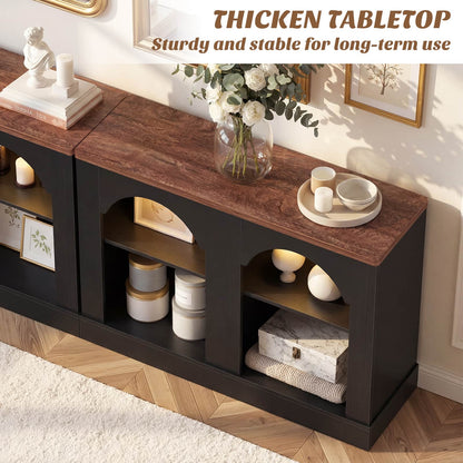 94" Natural Oak Arched Console Table with LED Lights & Adjustable Shelves - Farmhouse Sofa Table, Sideboard Buffet