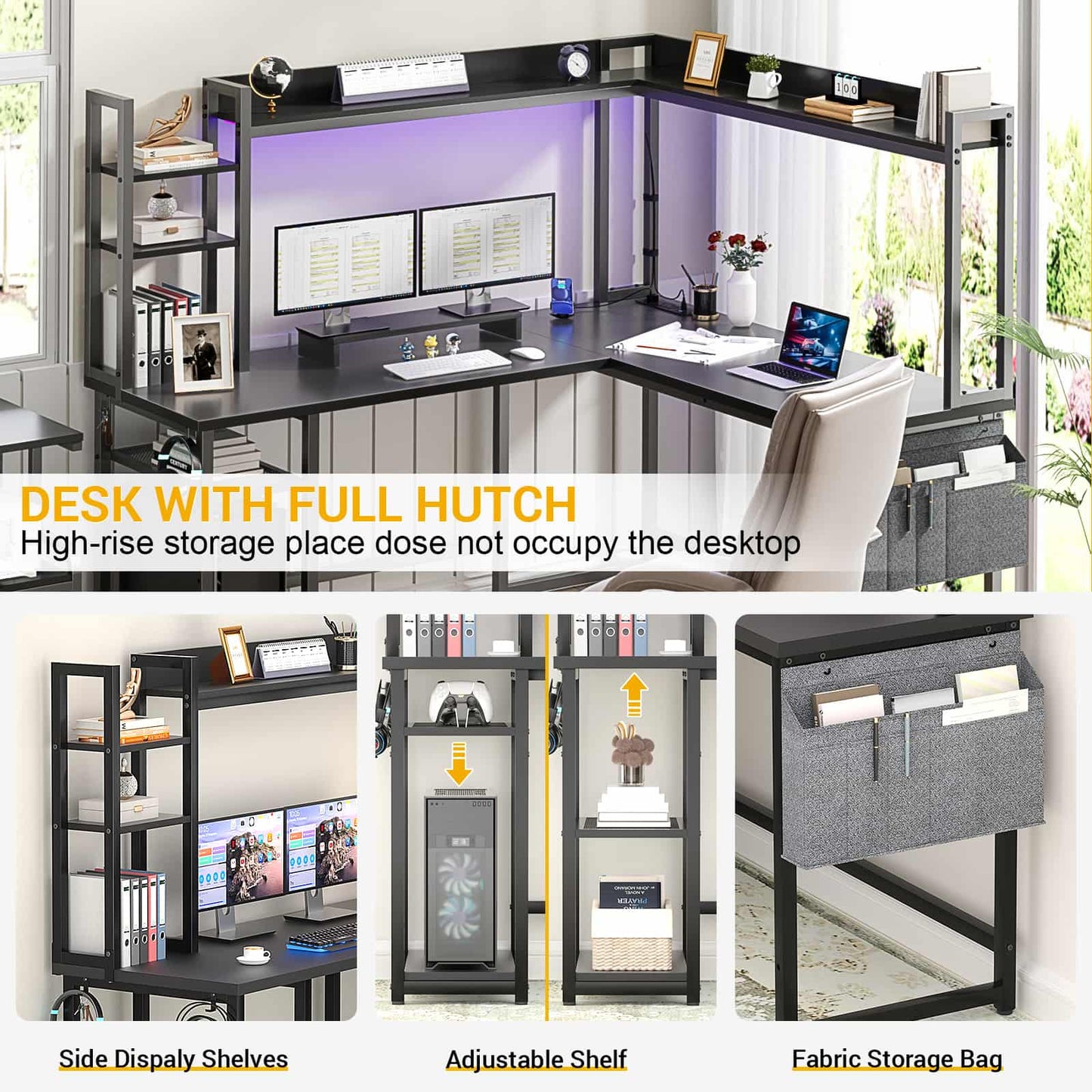 L Shaped Desk with Power Outlet and LED lights