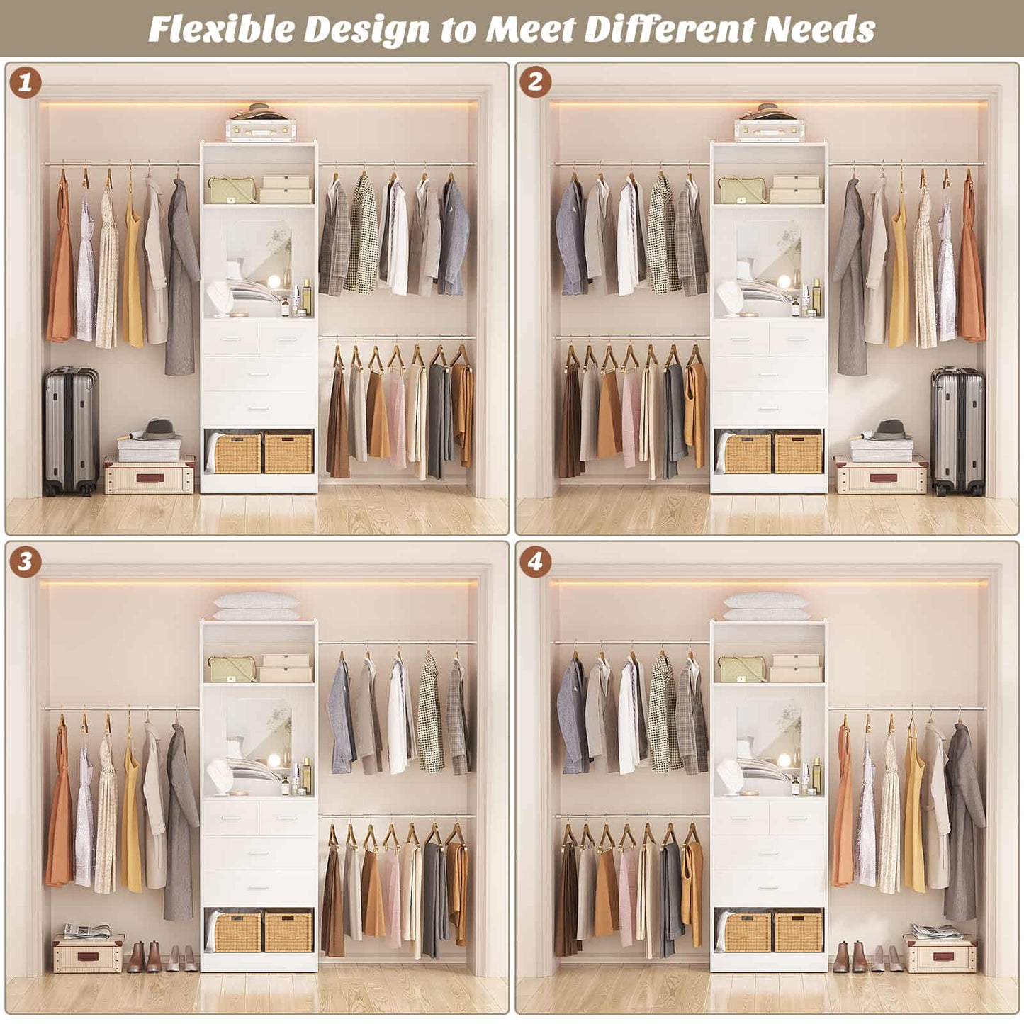 8FT Walk in Closet Systems Starter Kit with 25” Tower and 3 Extendable Hanging Rods
