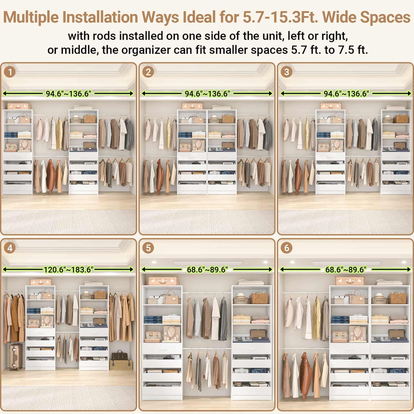 Adjustable Closet Organizer System (6-15Ft) with 8 Wooden Drawers & Modular Tower