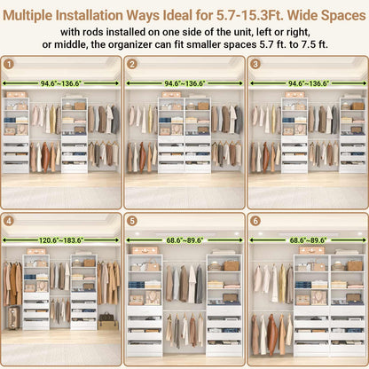 Adjustable Closet Organizer System (6-15Ft) with 8 Wooden Drawers & Modular Tower