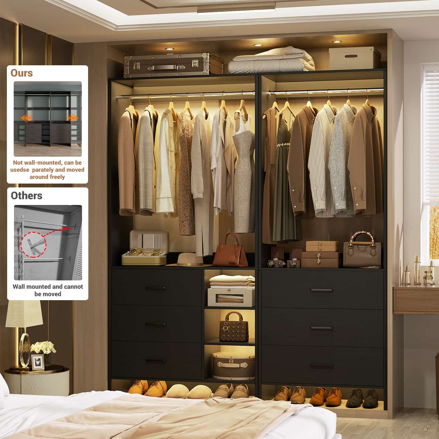 Closet System with 6 Drawers, 4.5ft Wood Closet Organizer System