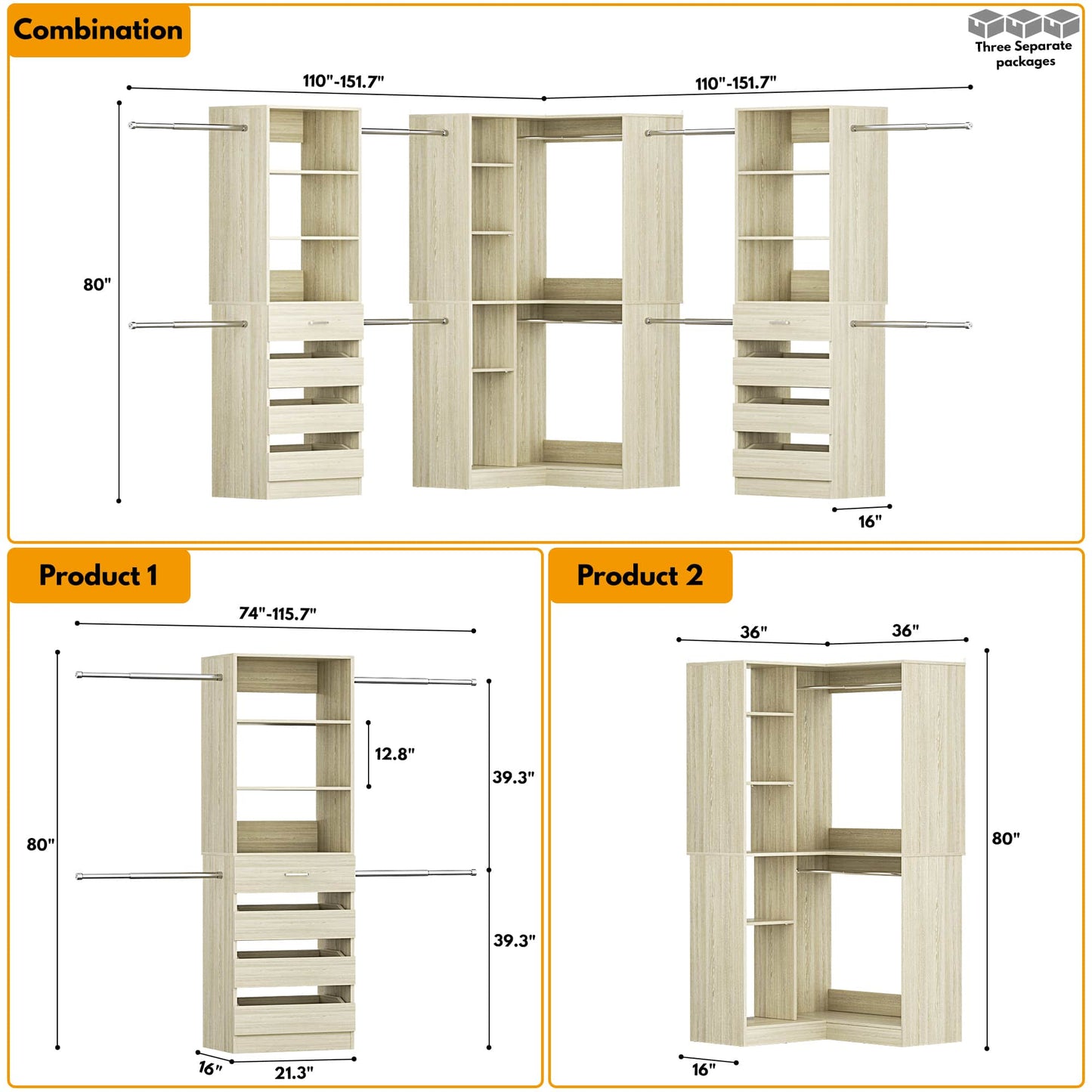 3-Piece Freestanding Wardrobe,79"-267" Adjustable Closet System with Drawers & Shelves for Bedroom/Closet Storage