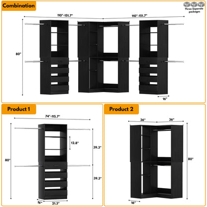 3-Piece Freestanding Wardrobe,79"-267" Adjustable Closet System with Drawers & Shelves for Bedroom/Closet Storage