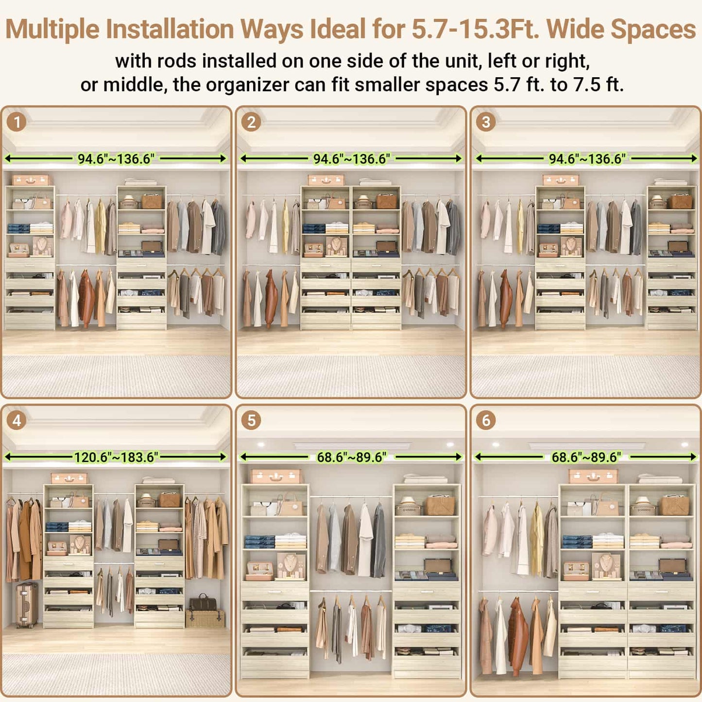 Adjustable Closet Organizer System (6-15Ft) with 8 Wooden Drawers & Modular Tower