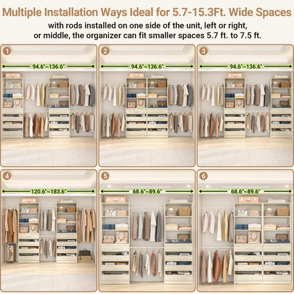 Adjustable Closet Organizer System (6-15Ft) with 8 Wooden Drawers & Modular Tower