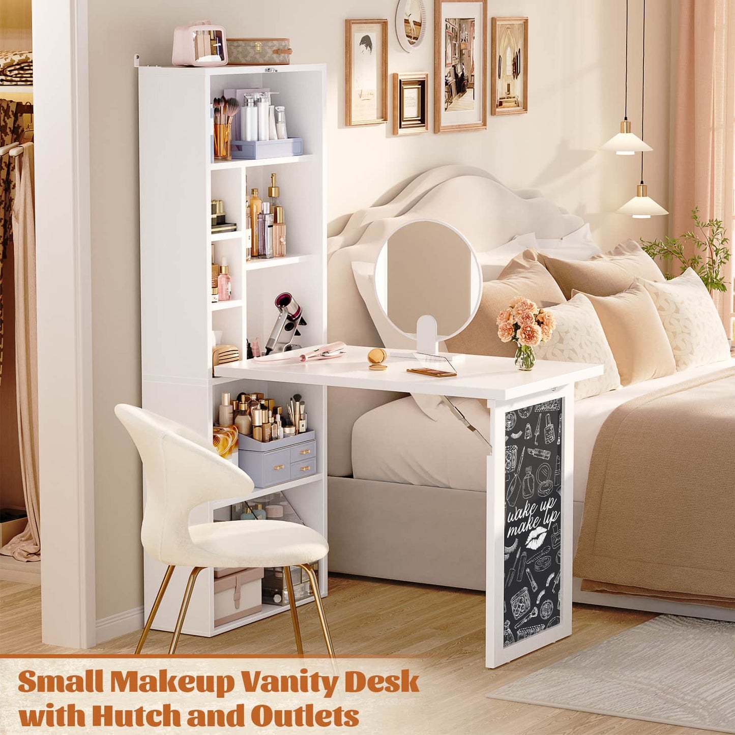 Small Folding Desk with Outlets, Convertible Writing Desk for Small Spaces