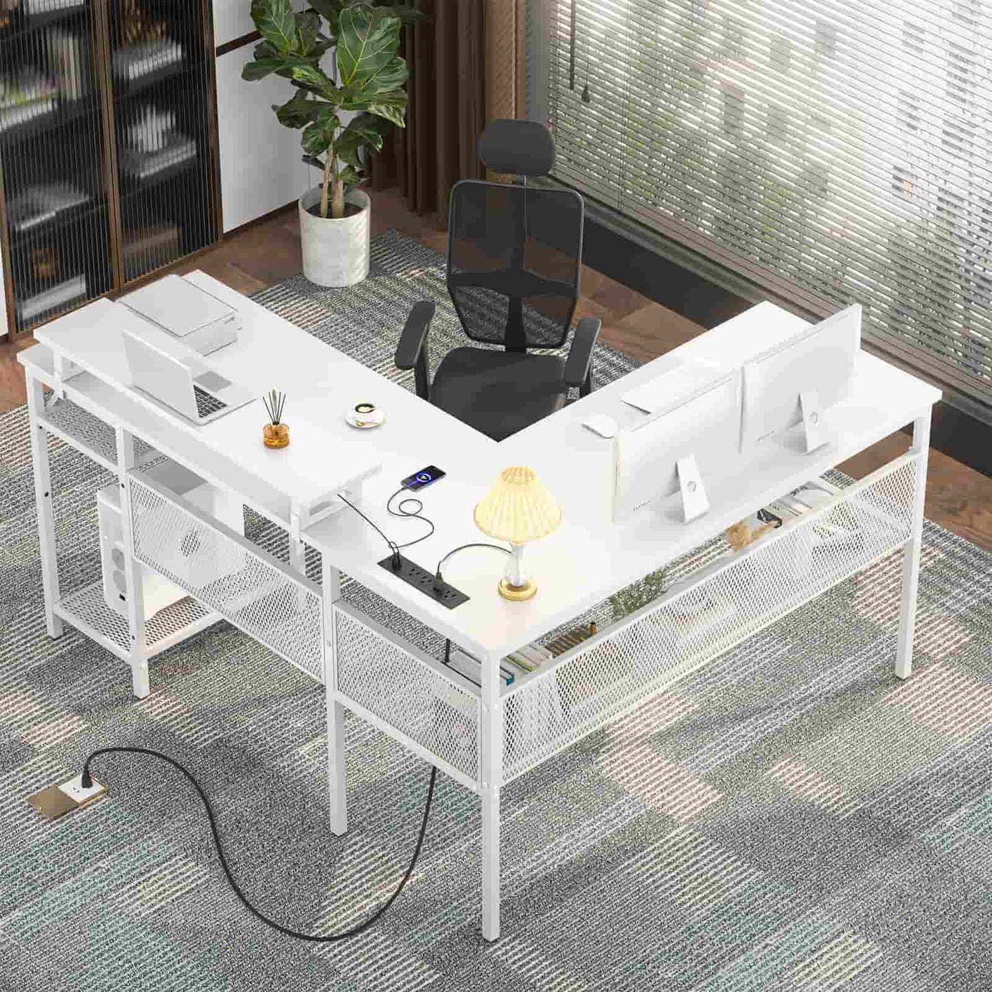 L Shaped Computer Desk with Magic Power Outlets and Smart LED Light