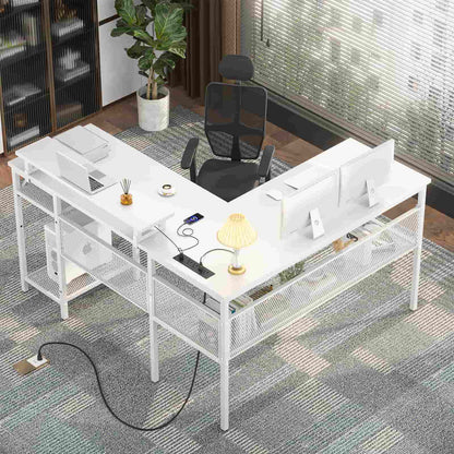 L Shaped Computer Desk with Magic Power Outlets and Smart LED Light