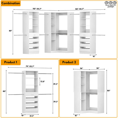 3-Piece Freestanding Wardrobe,79"-267" Adjustable Closet System with Drawers & Shelves for Bedroom/Closet Storage