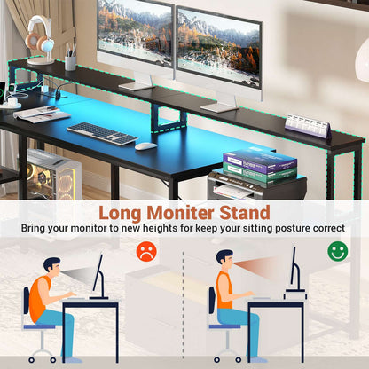 L Shaped Desk with File Drawer, 72.8" Reversible L Shaped Computer Desk with Power Outlet & LED Strip