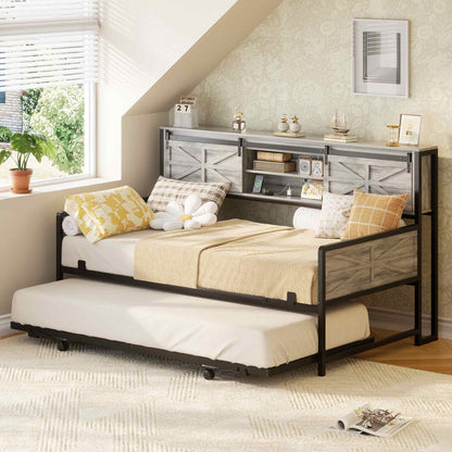 Twin Size Daybed with Trundle, Daybed with Charging Station & Storage Headboard, Heavy Duty Metal Sofa Bed Frame with Pop-up Trundle