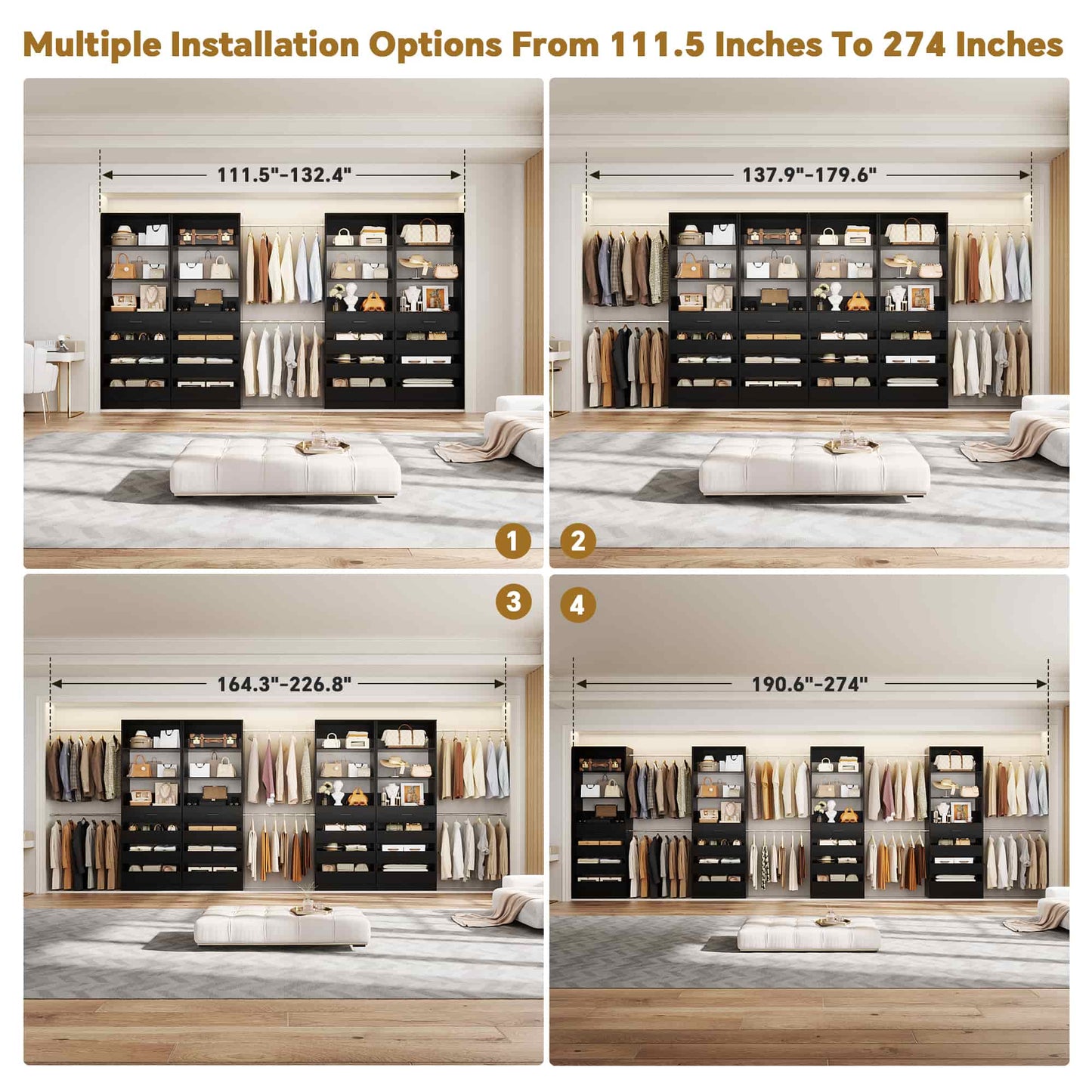 Modular Closet System 4-Pack, 12-24ft Expandable Walk-in Wardrobe Organizer with 16 Wooden Drawers & 16 Hanging Rods