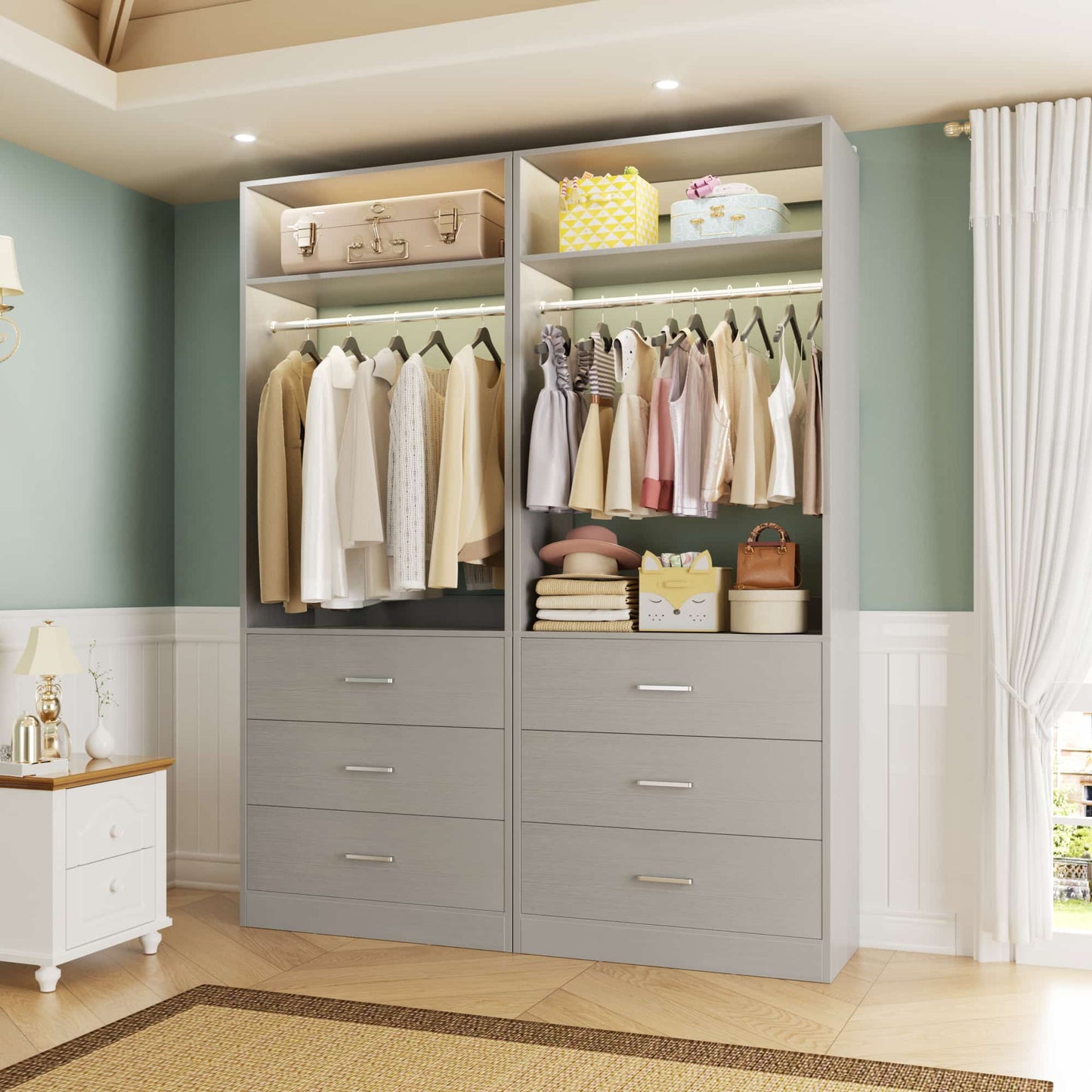 4FT (48 Inch) Closet Organizer System,Set of 2 - 6 Wood Drawers, 2 Hanging Rods & 2 Shelves