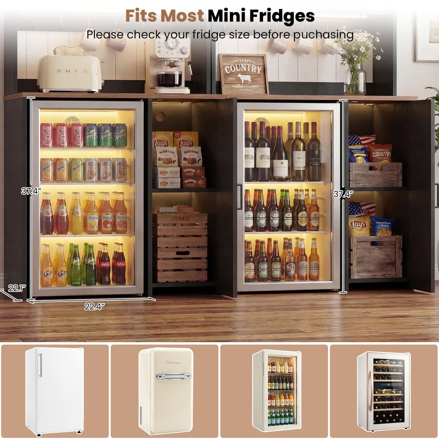2-Piece Beverage Station Set - Mini Fridge Cabinet & Coffee Bar with Charging Hub, LED Light & Wine Storage