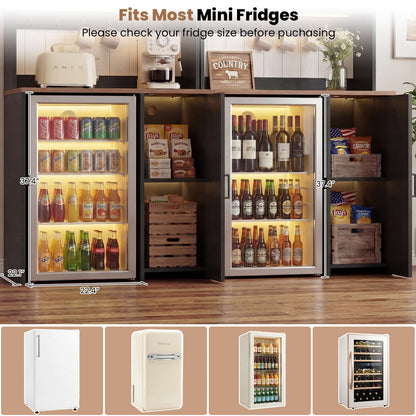 2-Piece Beverage Station Set - Mini Fridge Cabinet & Coffee Bar with Charging Hub, LED Light & Wine Storage