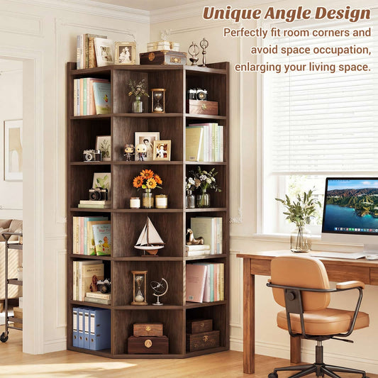 7-Tier Corner Cube Book Shelf - Wooden L-Shaped Storage Cabinet with Top Table for Small Spaces, Home Office, Bedroom, Living Room