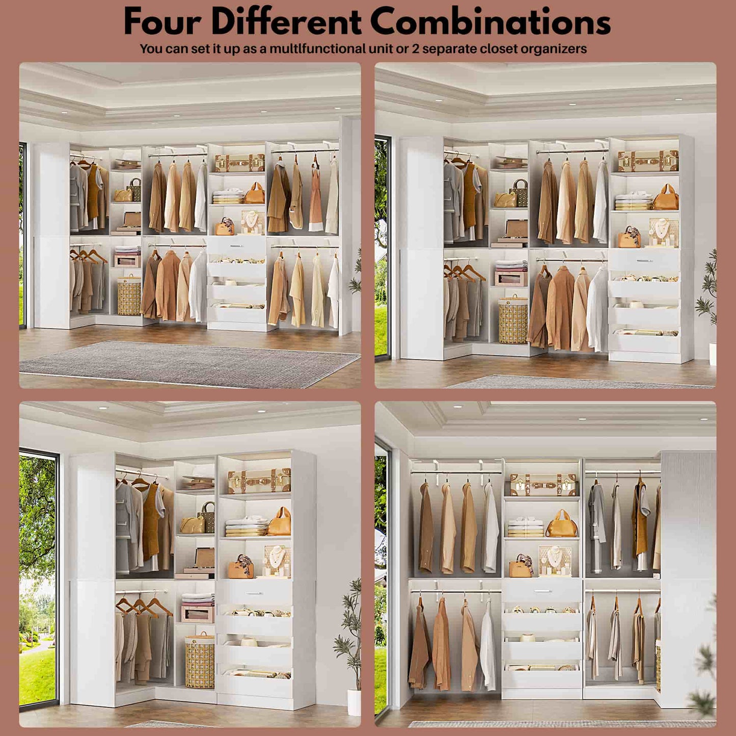 96"-128" 2-Piece Freestanding Closet System, Corner Wardrobe Organizer with Drawers & Shelves for Bedroom/Living Room