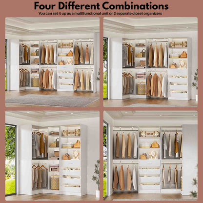 96"-128" 2-Piece Freestanding Closet System, Corner Wardrobe Organizer with Drawers & Shelves for Bedroom/Living Room