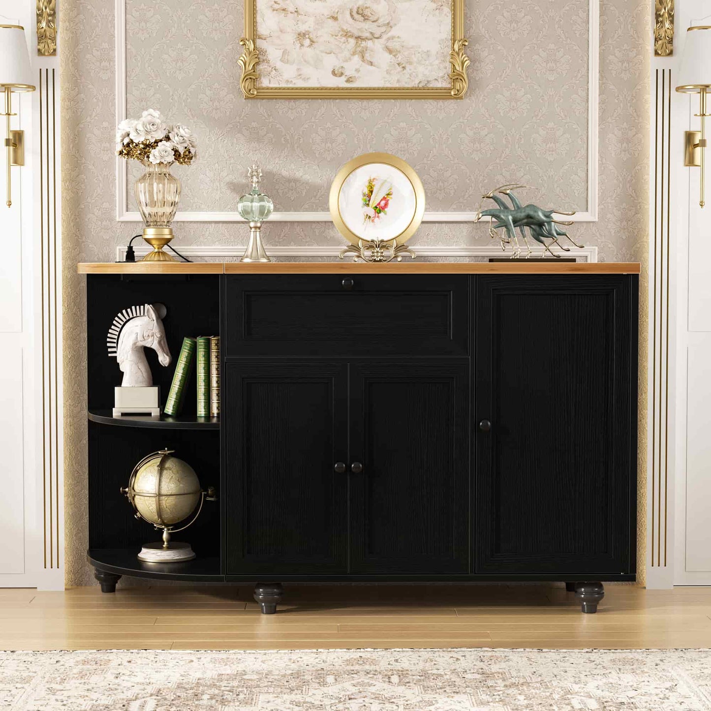Kitchen Sideboard Cabinet Buffet Table with Power Outlets, 55"Coffee Bar Cabinet with Drawer, Wine Rack/Shelves