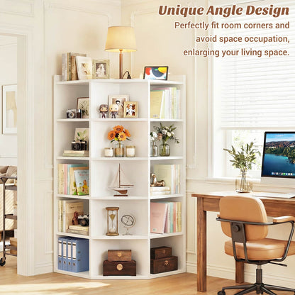 6-Tier Corner Cabinet with Power Outlets & 15 Cubes - Wooden L-Shaped Bookshelf, Toy Storage for Home Office, Bedroom, Living Room
