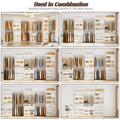 3 sets Wardrobe Closet - Two Adjustable Wooden Closet Systems with 8 Drawers & 8 Hanging Rods and One Freestanding Tower with 4 Cubby Storage