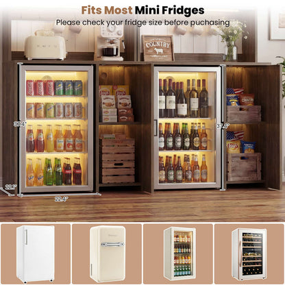 2-Piece Beverage Station Set - Mini Fridge Cabinet & Coffee Bar with Charging Hub, LED Light & Wine Storage