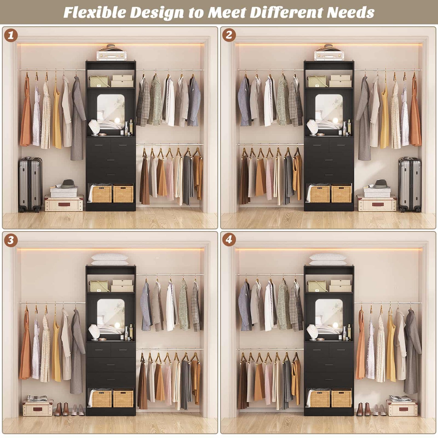 8FT Walk in Closet Systems Starter Kit with 25” Tower and 3 Extendable Hanging Rods
