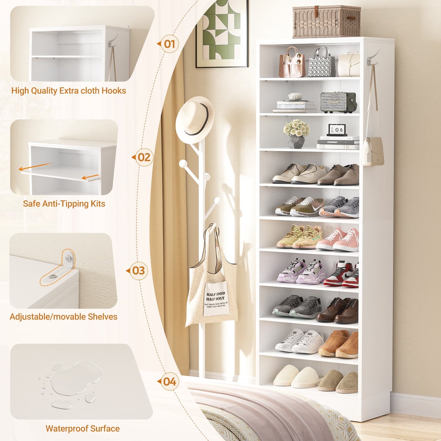 Tall Shoe Cabinet, 10 Tiers Narrow Wood Shoe Rack