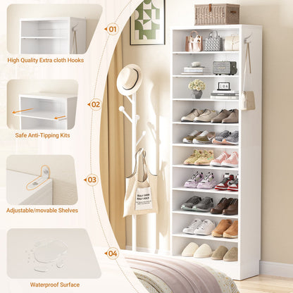 Tall Shoe Cabinet, 10 Tiers Narrow Wood Shoe Rack