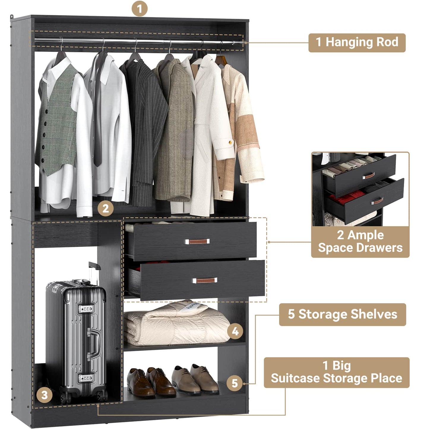 40 Inches Freestanding Closet System with Suitcase Storage