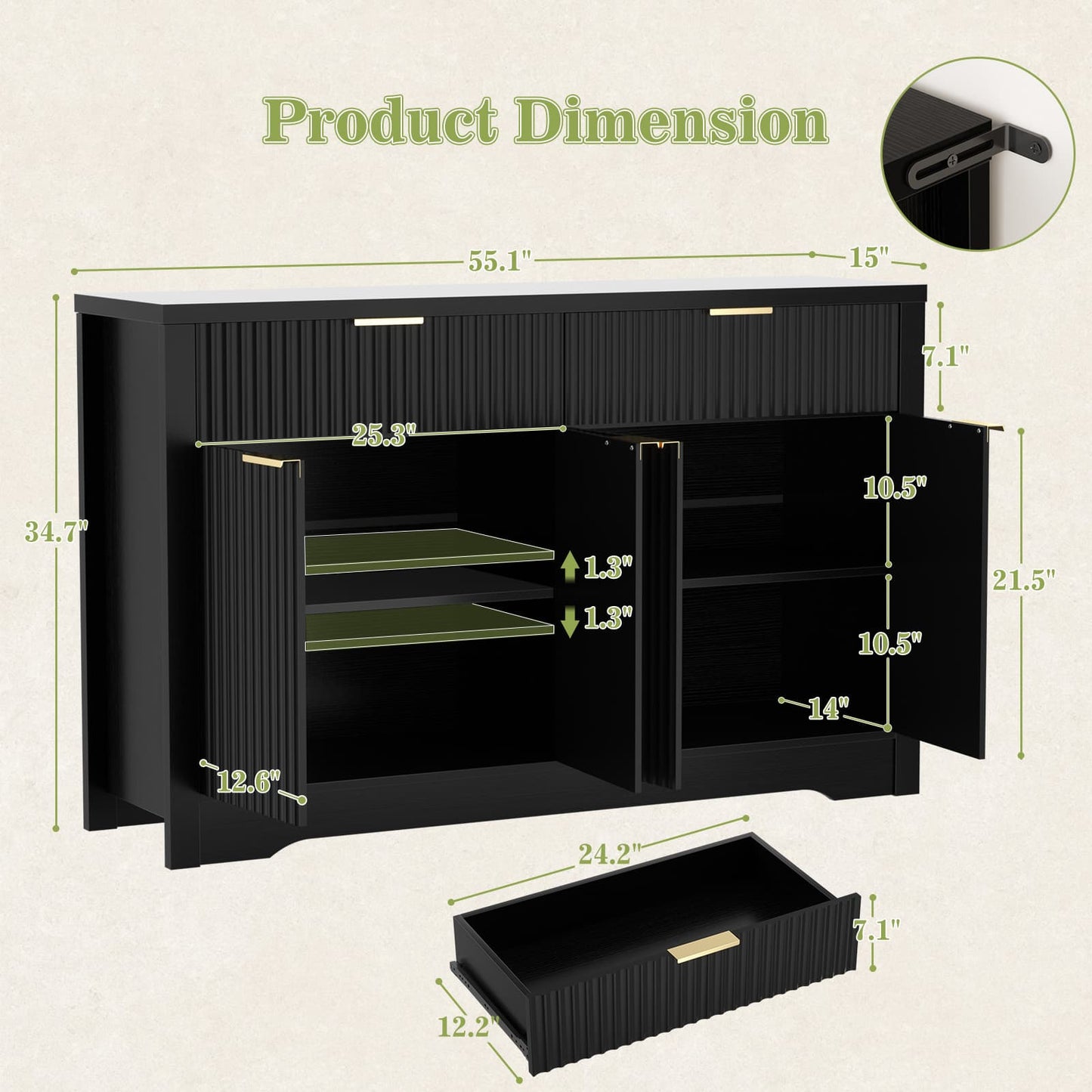 Buffet Cabinet with Storage, 55" Fluted Sideboard Buffet with Drawers