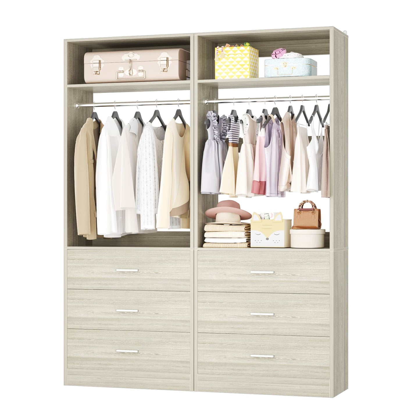 4FT (48 Inch) Closet Organizer System,Set of 2 - 6 Wood Drawers, 2 Hanging Rods & 2 Shelves